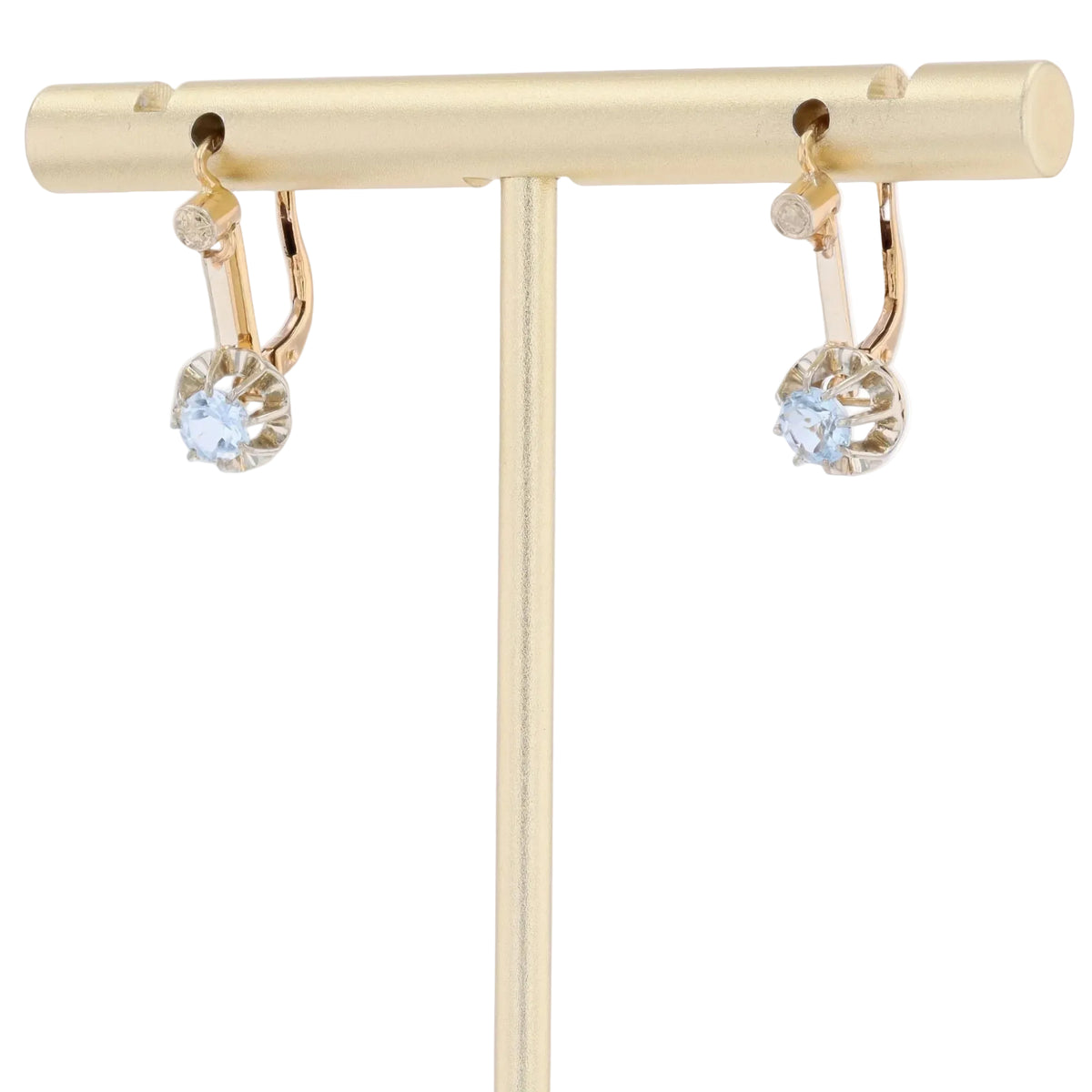 Lever-back earrings in yellow gold, Platinum, and aquamarines