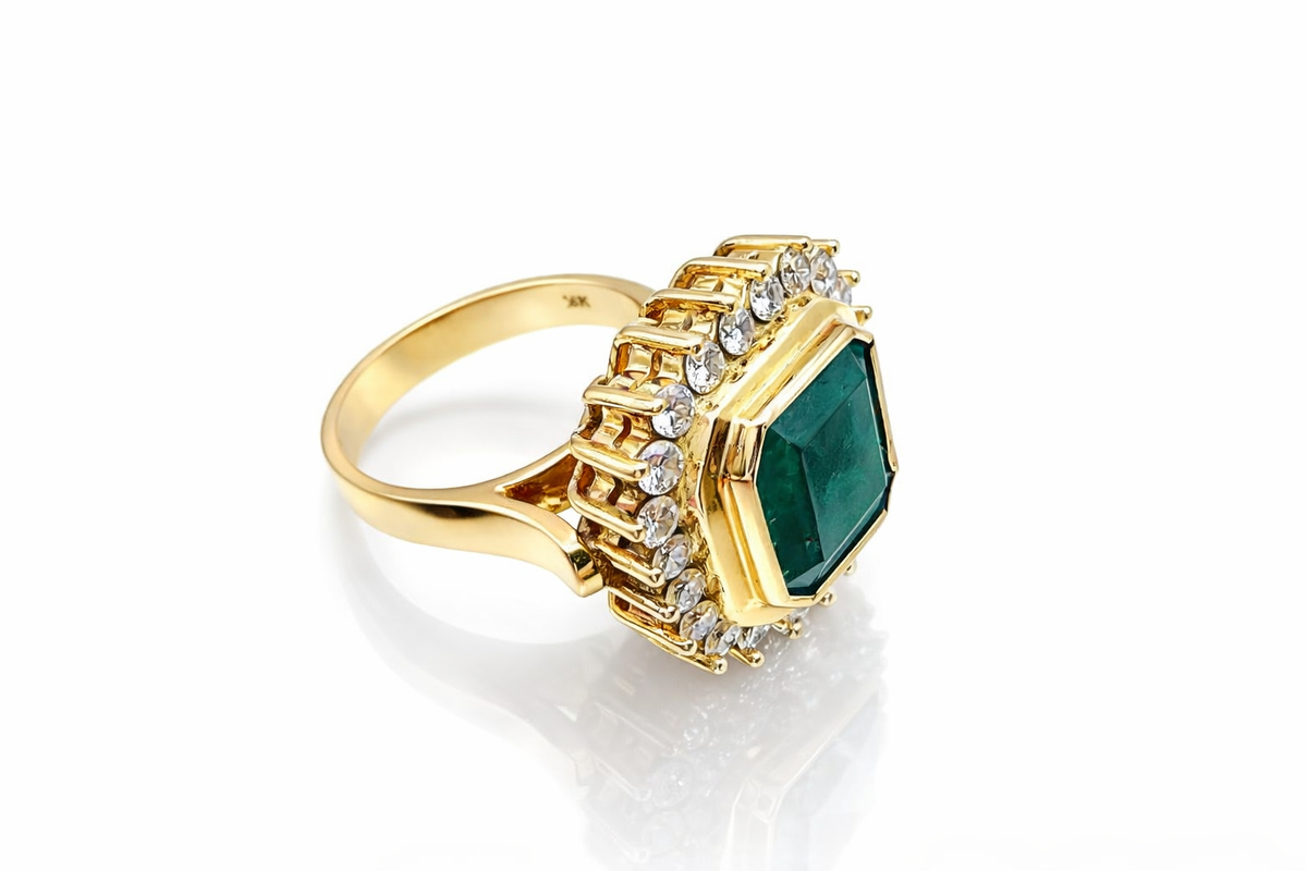 Bague Entourage en or jaune, émeraude et diamants