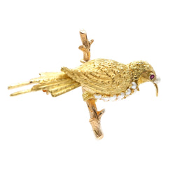 Yellow Gold Brooch with Pearls and Rubies