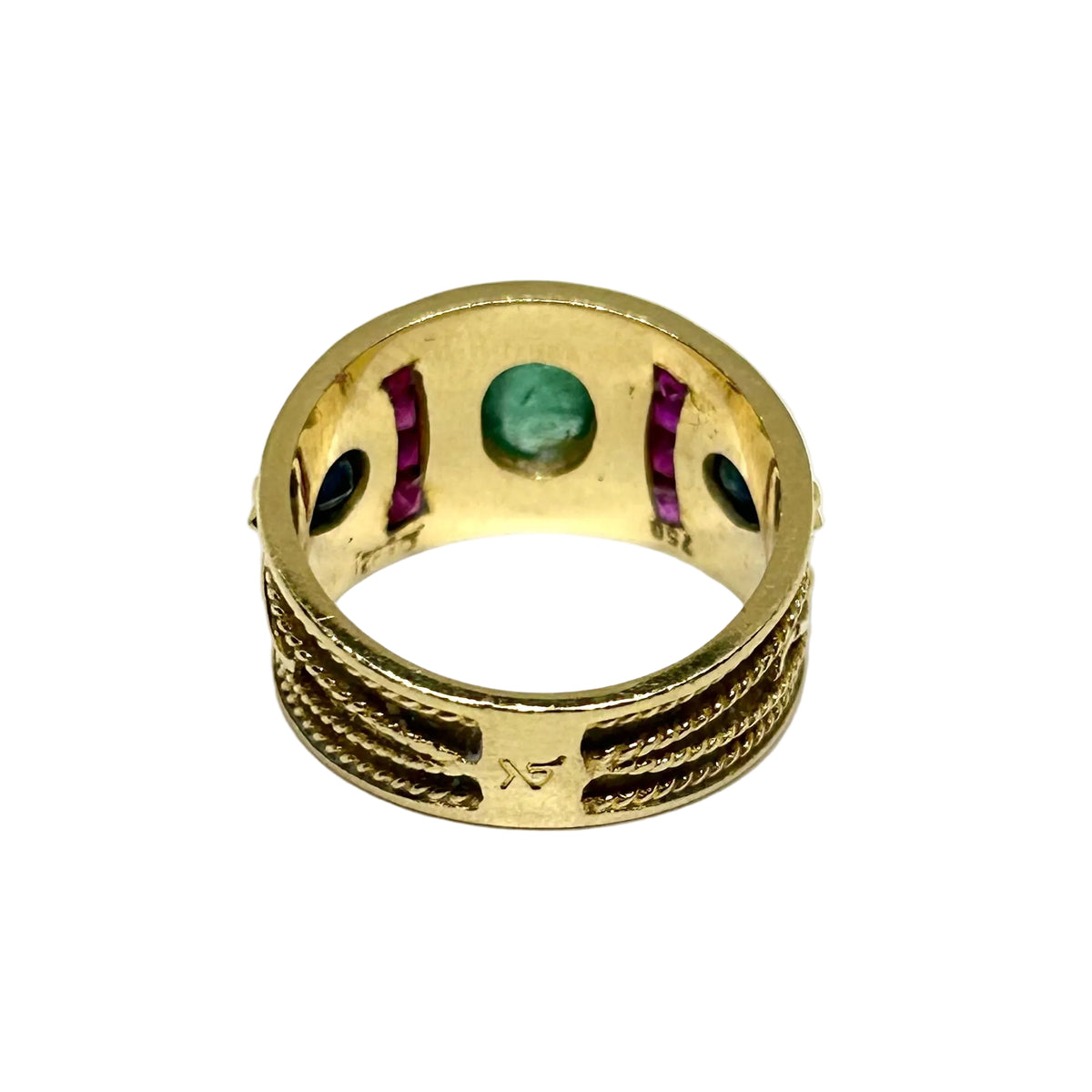 Tank Ring in yellow gold, Emerald, Ruby, and Sapphires