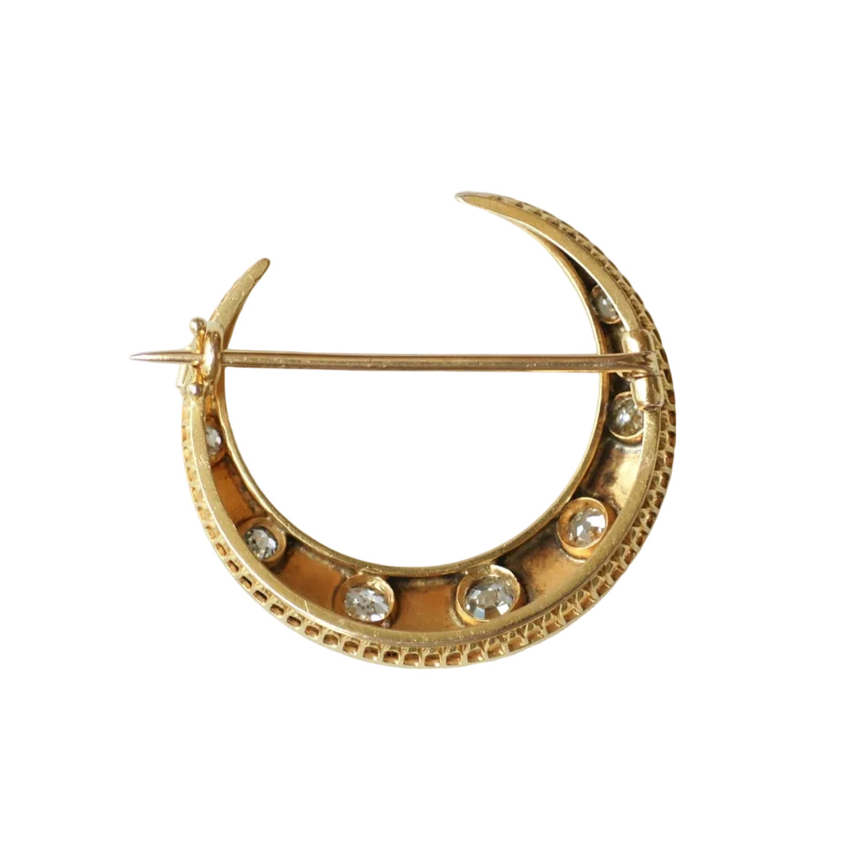 Vintage Crescent Moon Brooch with 1.10-Carat Old European Cut Diamonds on Yellow Gold