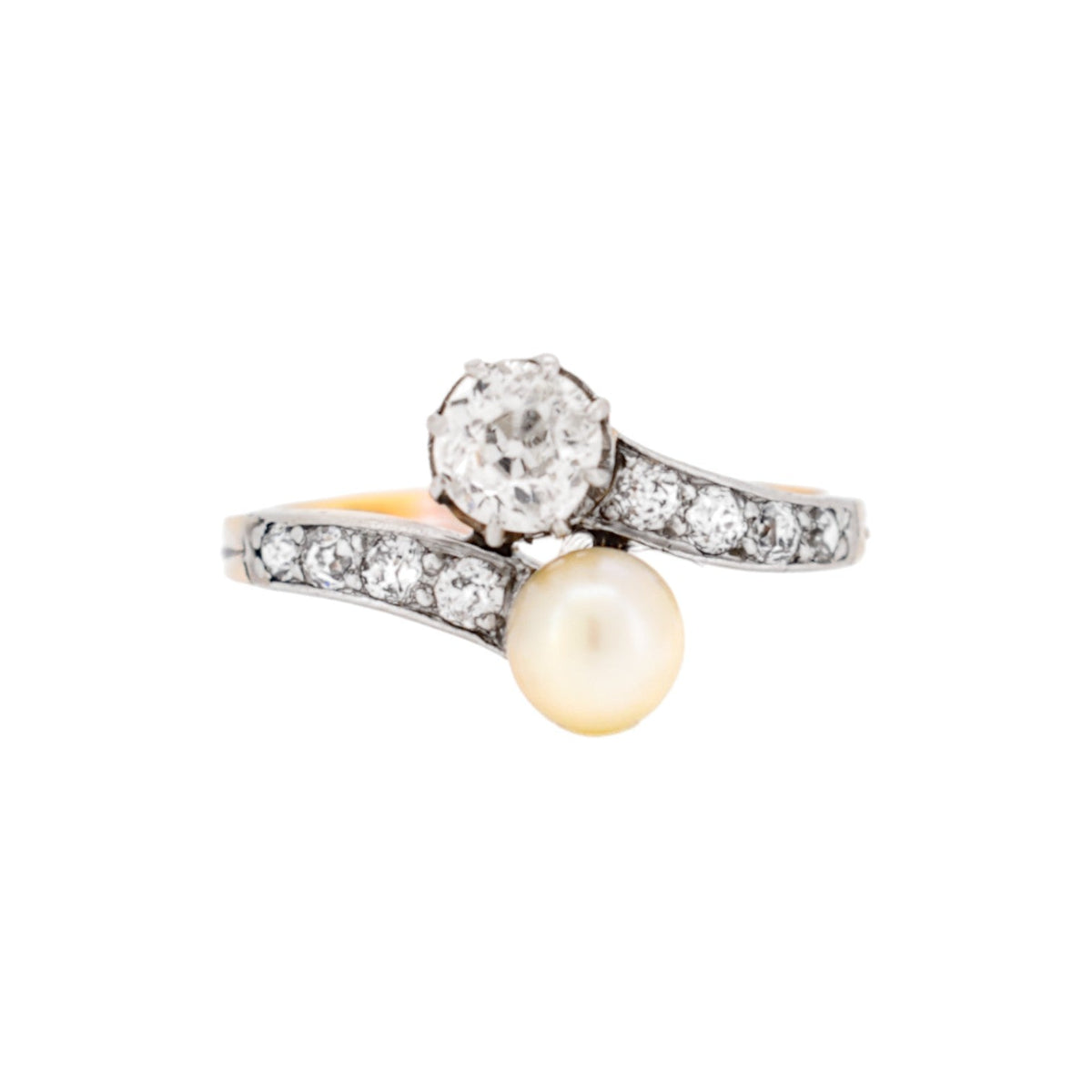 Bague Toi & Moi en or jaune, platine, perle et diamants