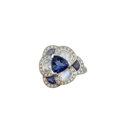ISABELLE LANGLOIS "Flora Pensée" Entourage Ring in white gold, moonstones, iolites, and diamonds