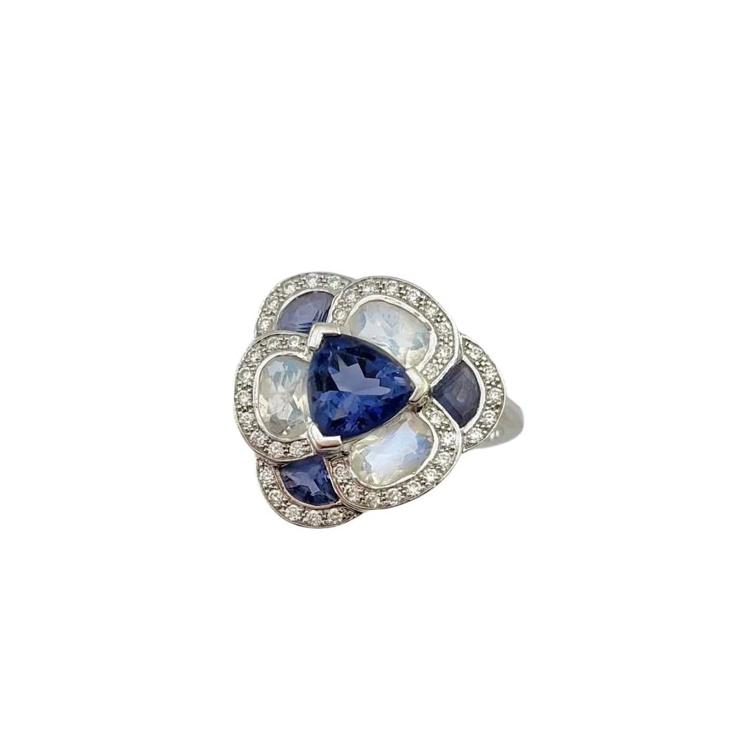 ISABELLE LANGLOIS "Flora Pensée" Entourage Ring in white gold, moonstones, iolites, and diamonds