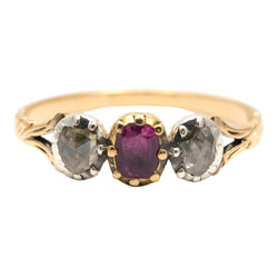Trilogy Ring in yellow gold, rubies, and diamonds