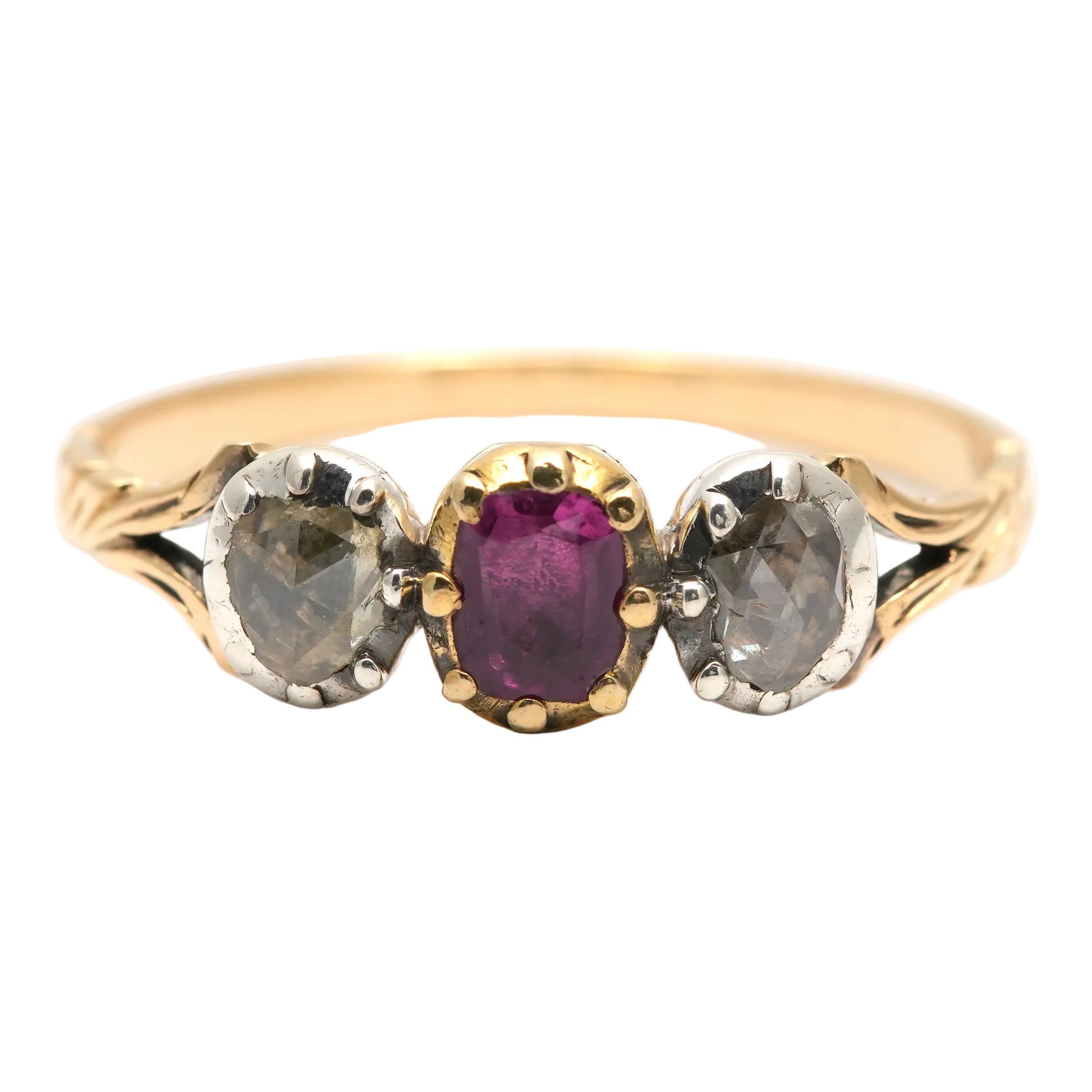 Trilogy Ring in yellow gold, rubies, and diamonds