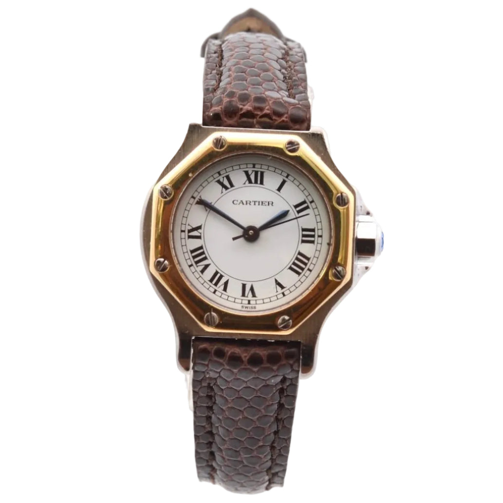 CARTIER "Santos" watch in yellow gold, stainless steel, and leather