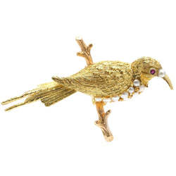 Yellow Gold Brooch with Pearls and Rubies