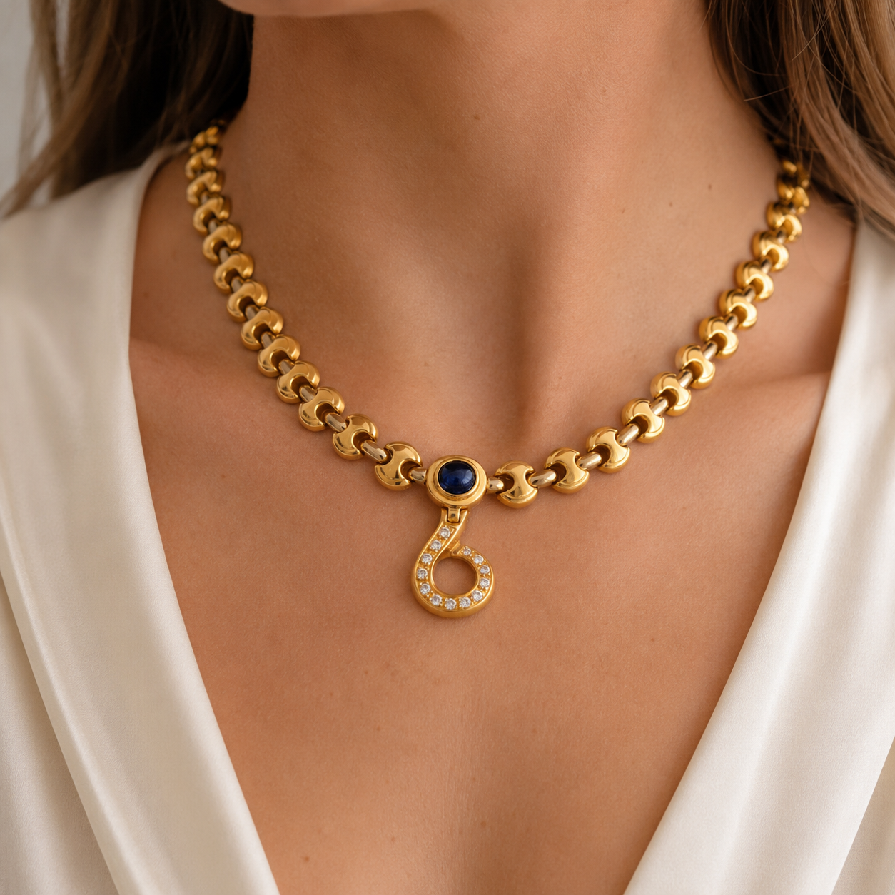 Yellow Gold Necklace with Sapphire and Diamond Pendant
