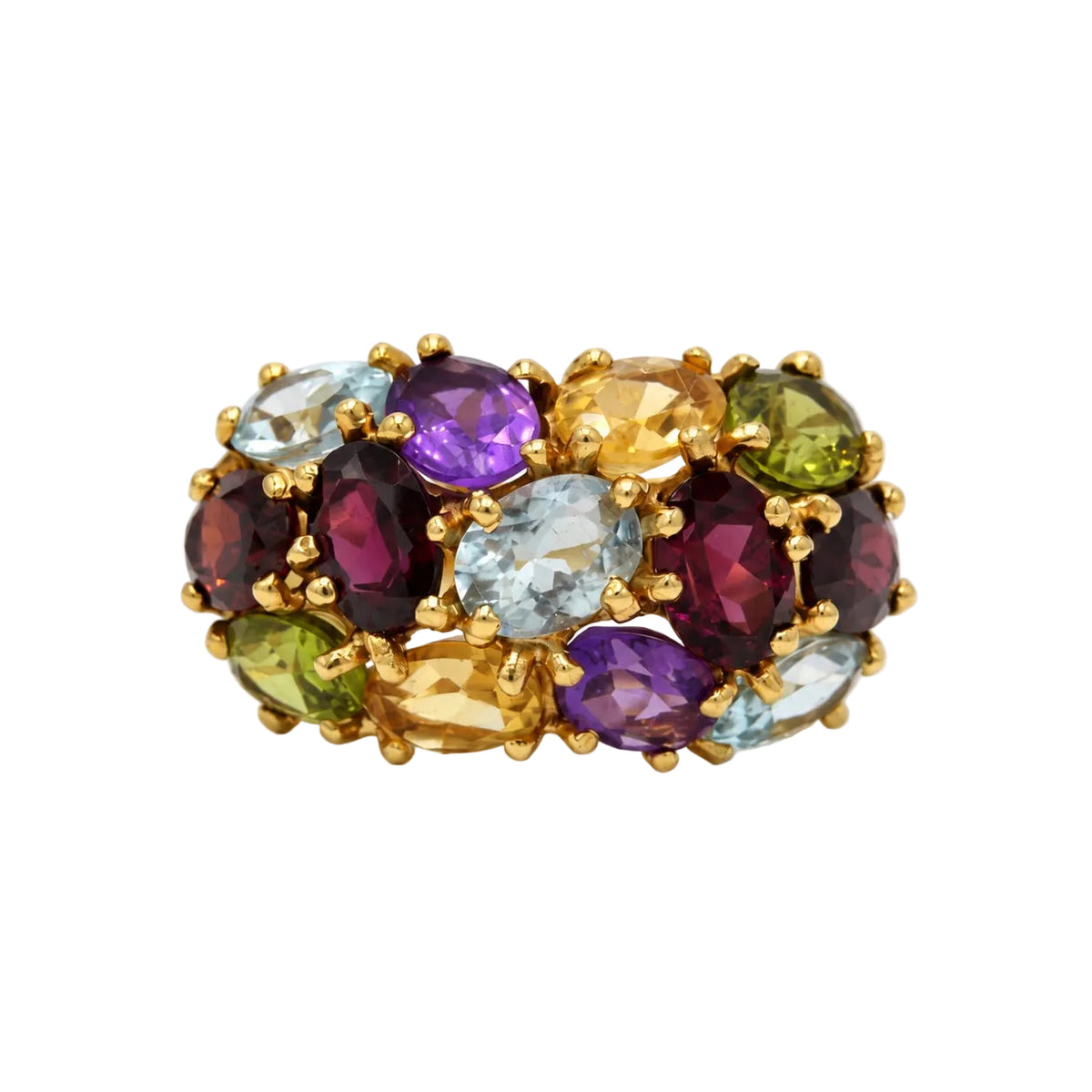 Bague Cocktail en or jaune, aigue-marine, grenats, améthystes, péridots, topazes et citrines