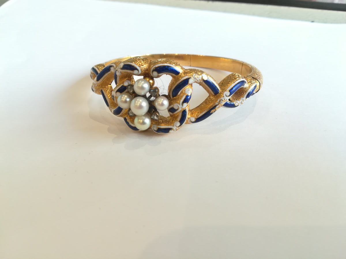 Antique Gold Enamel Bracelet with Pearls and Diamonds