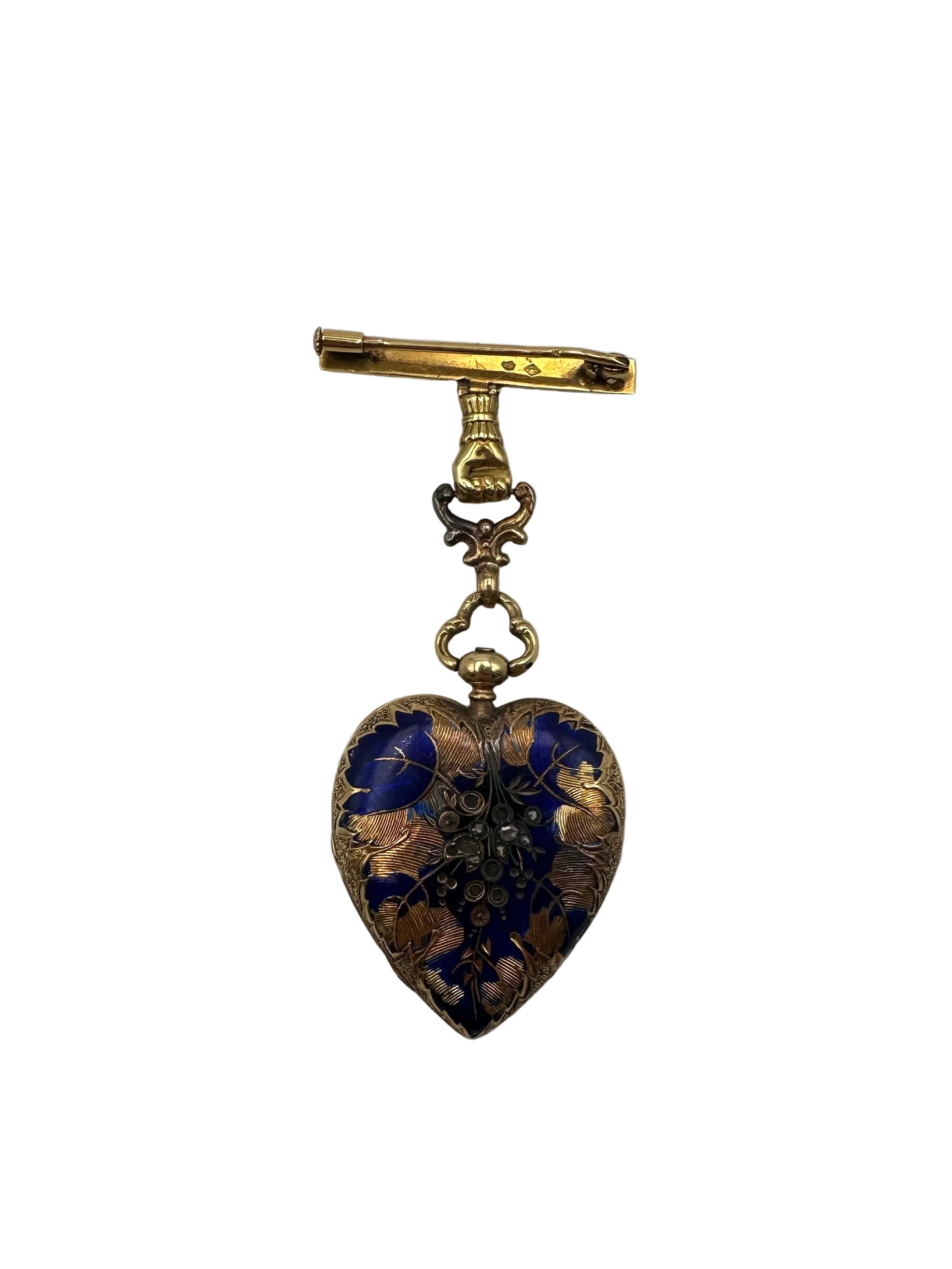 Heart Locket Brooch in Yellow Gold, Enamel and Diamonds