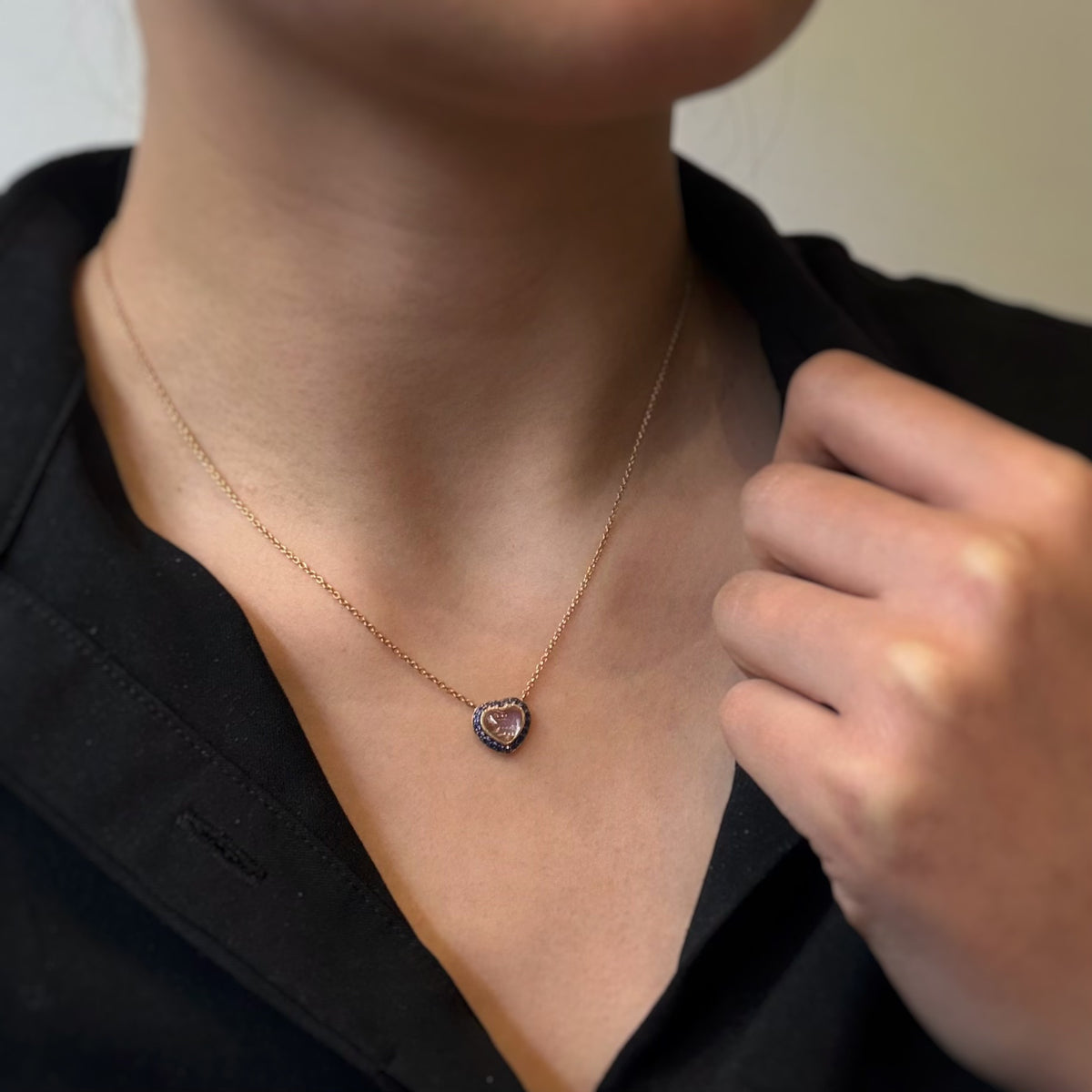 ALEXANDRA ROSIER "Amour" Pendant Necklace in yellow gold, sapphires, and moonstone
