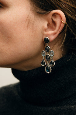 Boucles d'oreilles Chandelier DAVID YURMAN en argent, topaze bleue, hématite et diamant