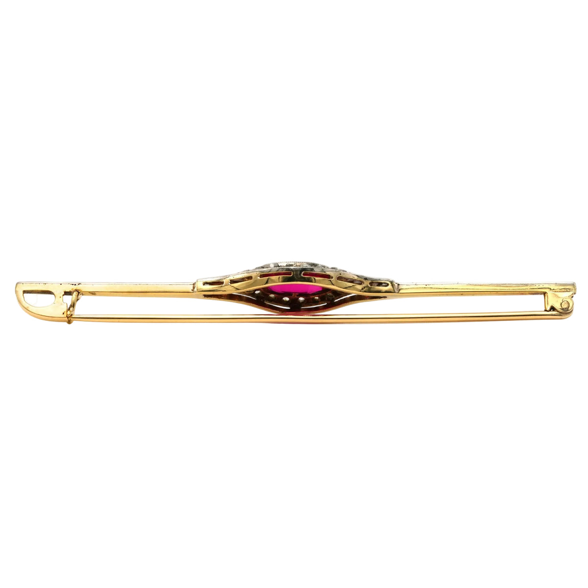 Brooch made of white gold, yellow gold, rubies, and diamonds