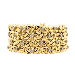 Bracelet ruban 4 rangs, or jaune, platine et diamants.