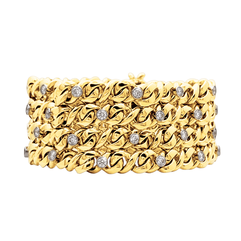 Bracelet ruban 4 rangs, or jaune, platine et diamants.