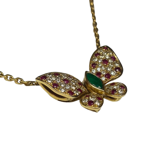 FRED "Articulated Butterfly" Pendant Necklace in yellow gold, rubies, emeralds, and diamonds