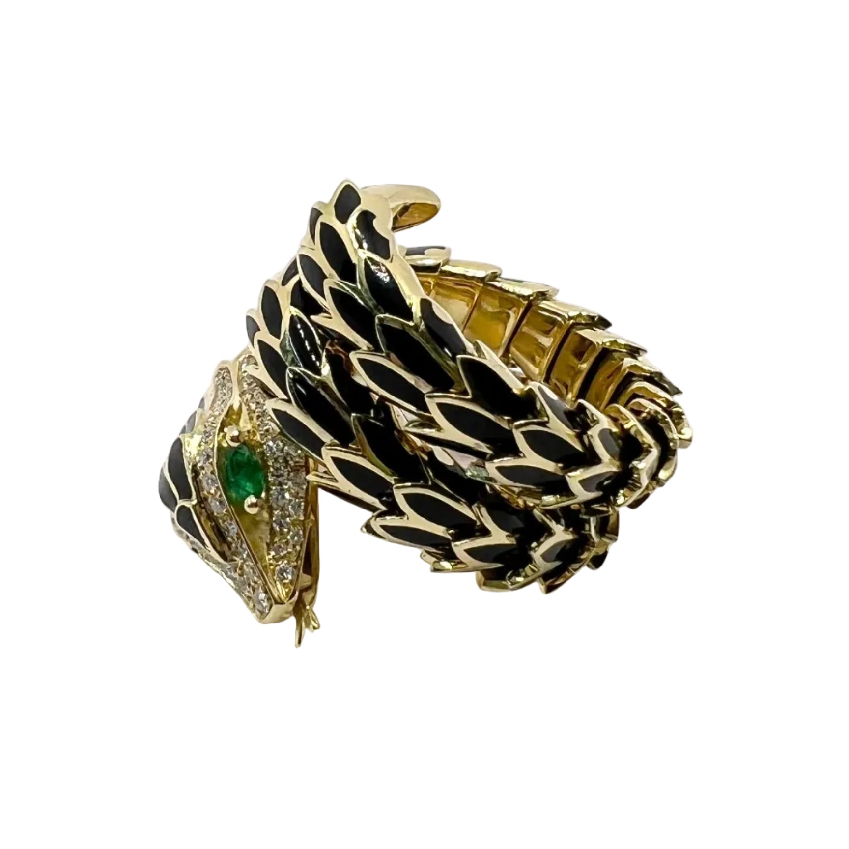 Ring in yellow gold, Enamel, emeralds, and Diamonds