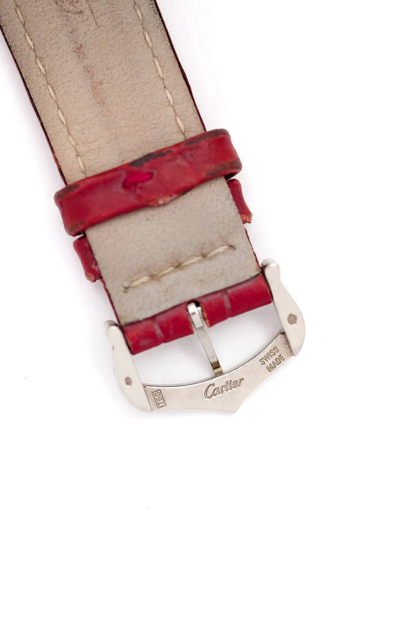 CARTIER "Tank Louis" watch in white gold, sapphire, and leather