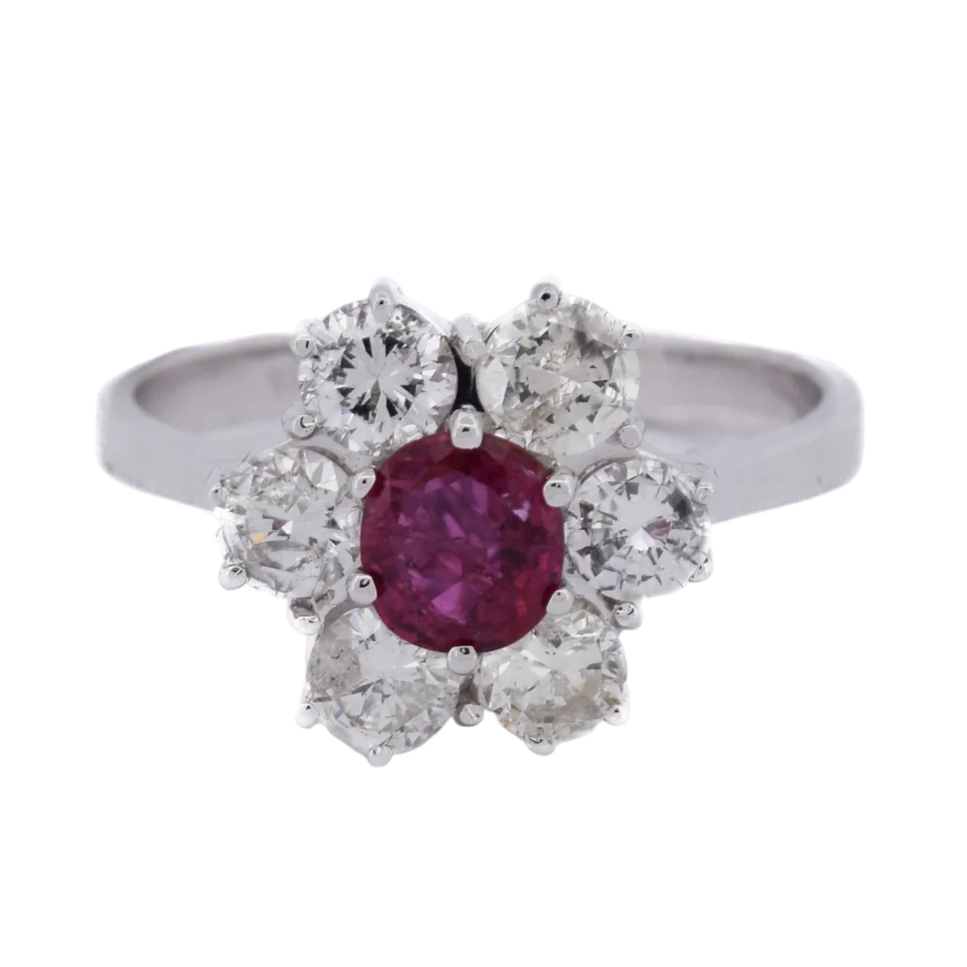 Marguerite Ring in White Gold, Rubies, and Diamonds