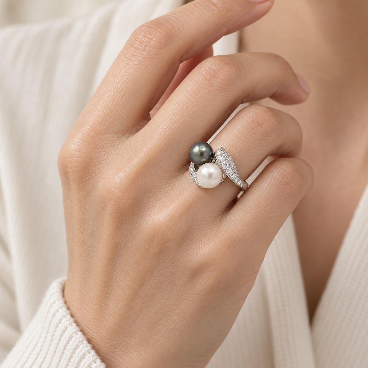"Toi & Moi" Ring in Platinum, Pearls, and Diamonds