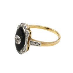 Ring in yellow gold, Platinum, Onyx, and Diamonds