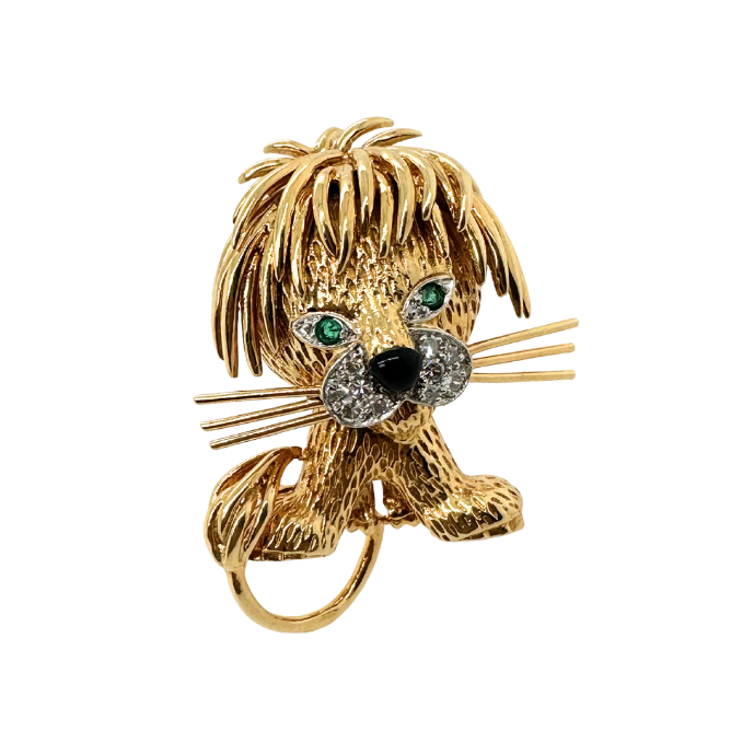 VAN CLEEF & ARPELS "Shaggy Lion" brooch in yellow gold, emeralds, Enamel, and Diamonds