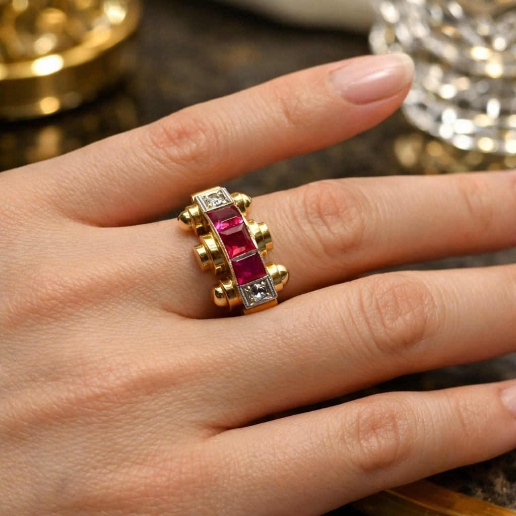 Bague Tank en or jaune, platine, rubis et diamants