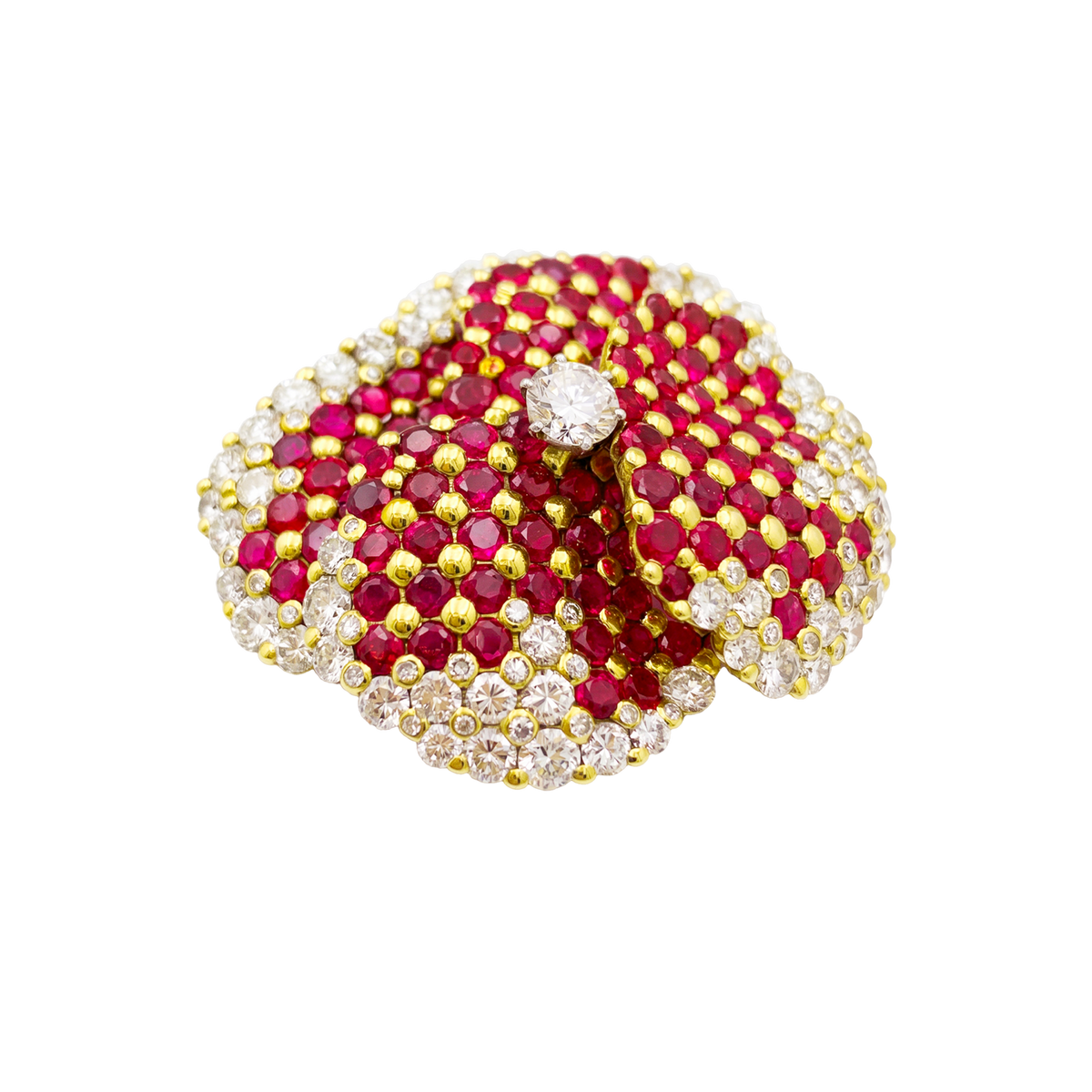 "Pansy" Clip Brooch in Yellow Gold, Rubies, and Diamonds