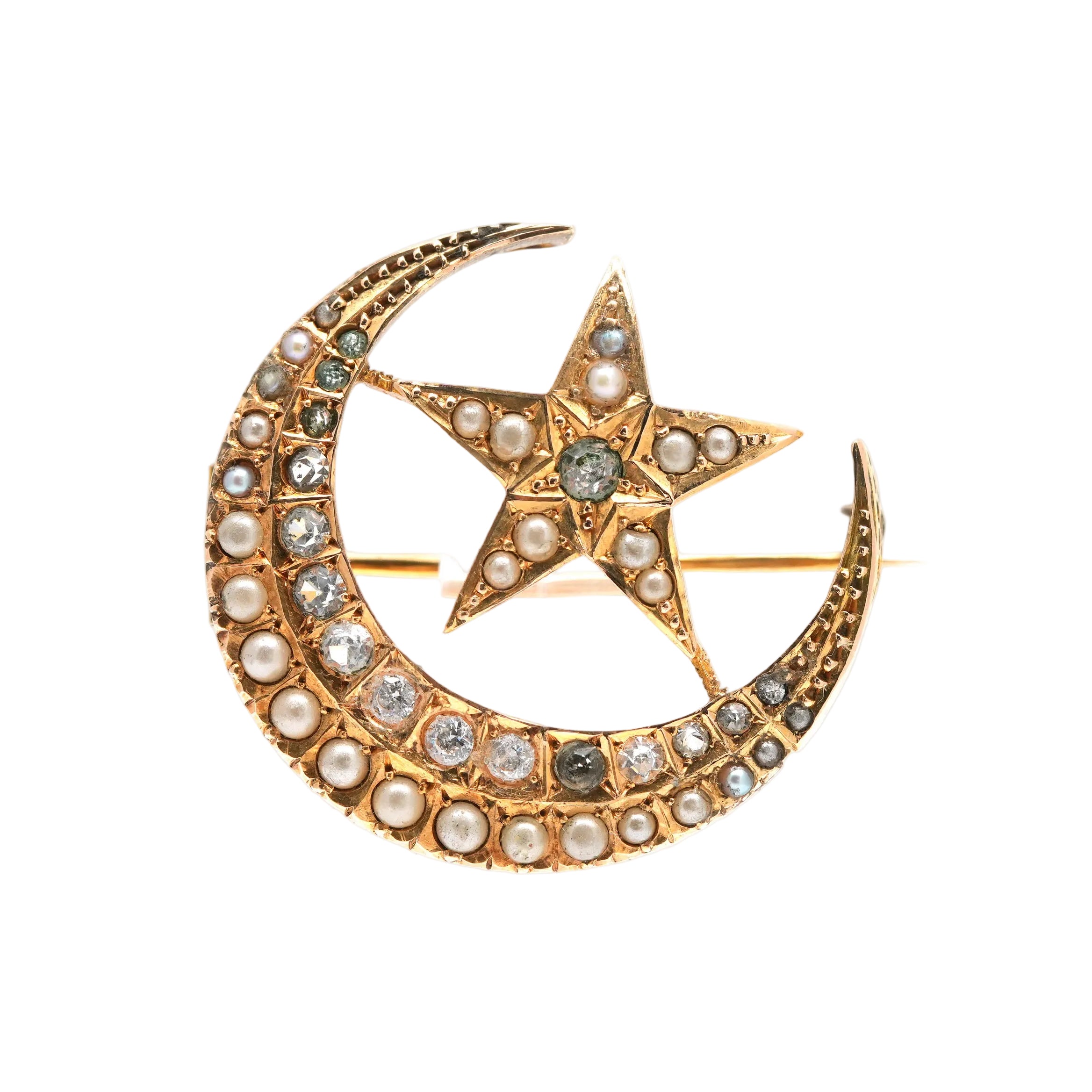 Yellow Gold Brooch with Pearls and Rhinestones
