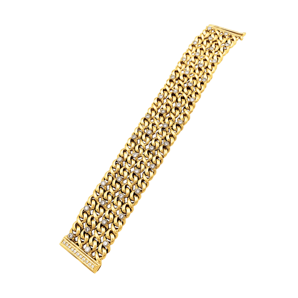 Bracelet ruban 4 rangs, or jaune, platine et diamants.