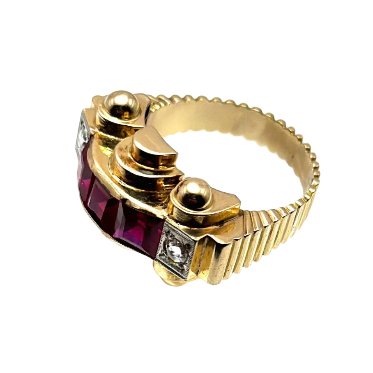 Bague Tank en or jaune, platine, rubis et diamants