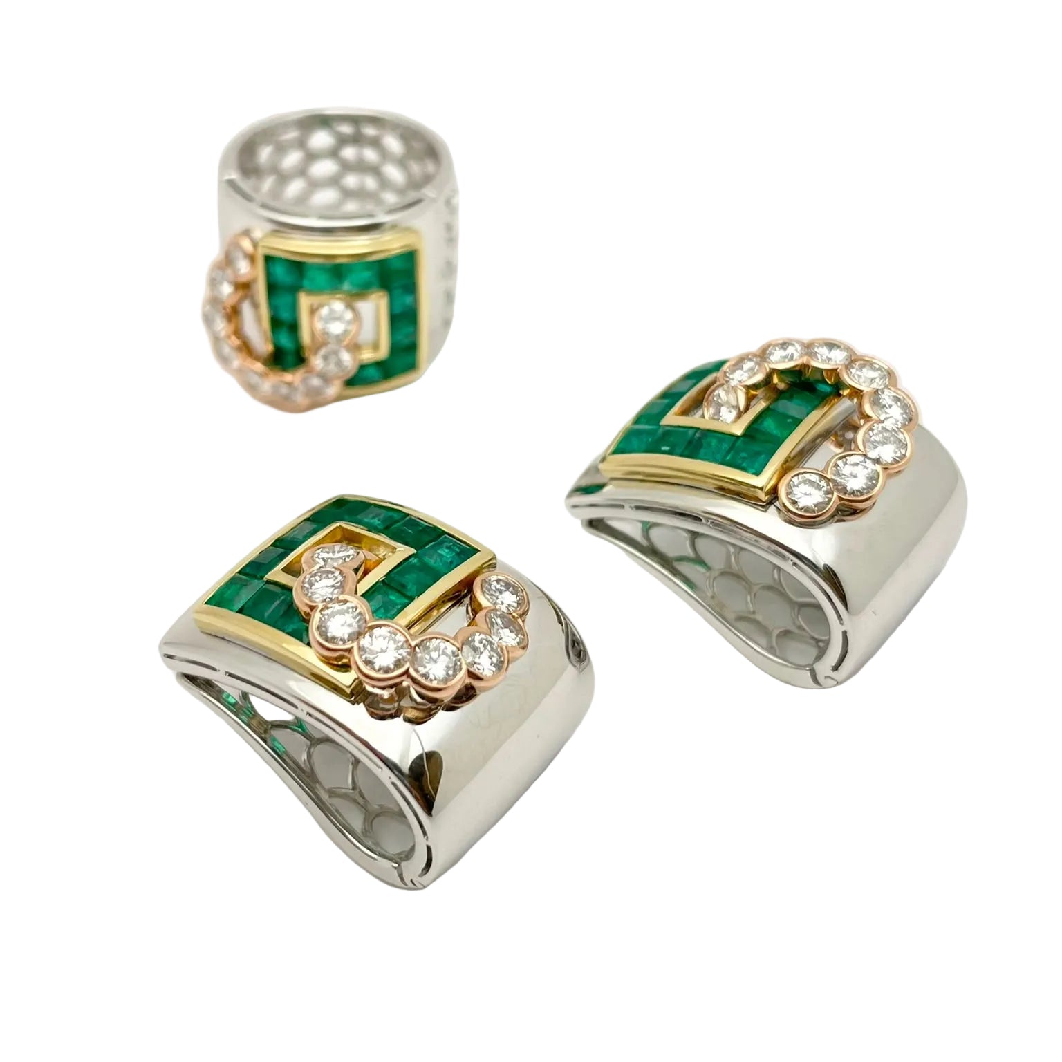 LUCIANO SOMENZI jewelry set in white gold, yellow gold, rose gold, emeralds, and diamonds