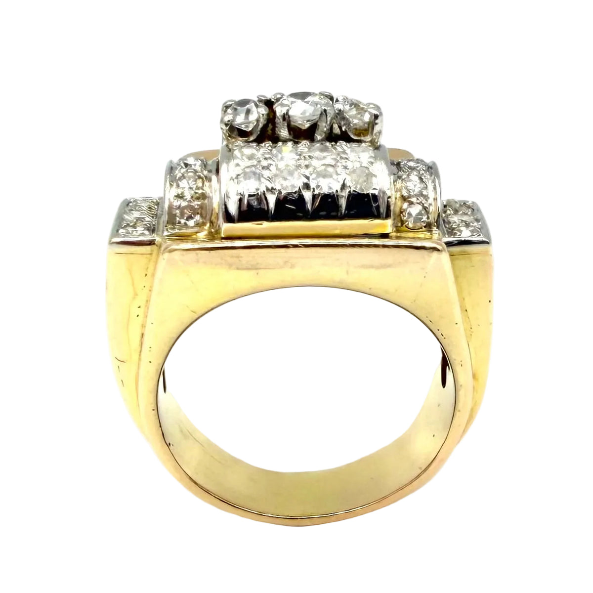 Tank Ring in yellow gold, Platinum, and Diamonds