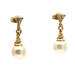Yellow Gold Drop Earrings with Pearls and Diamonds