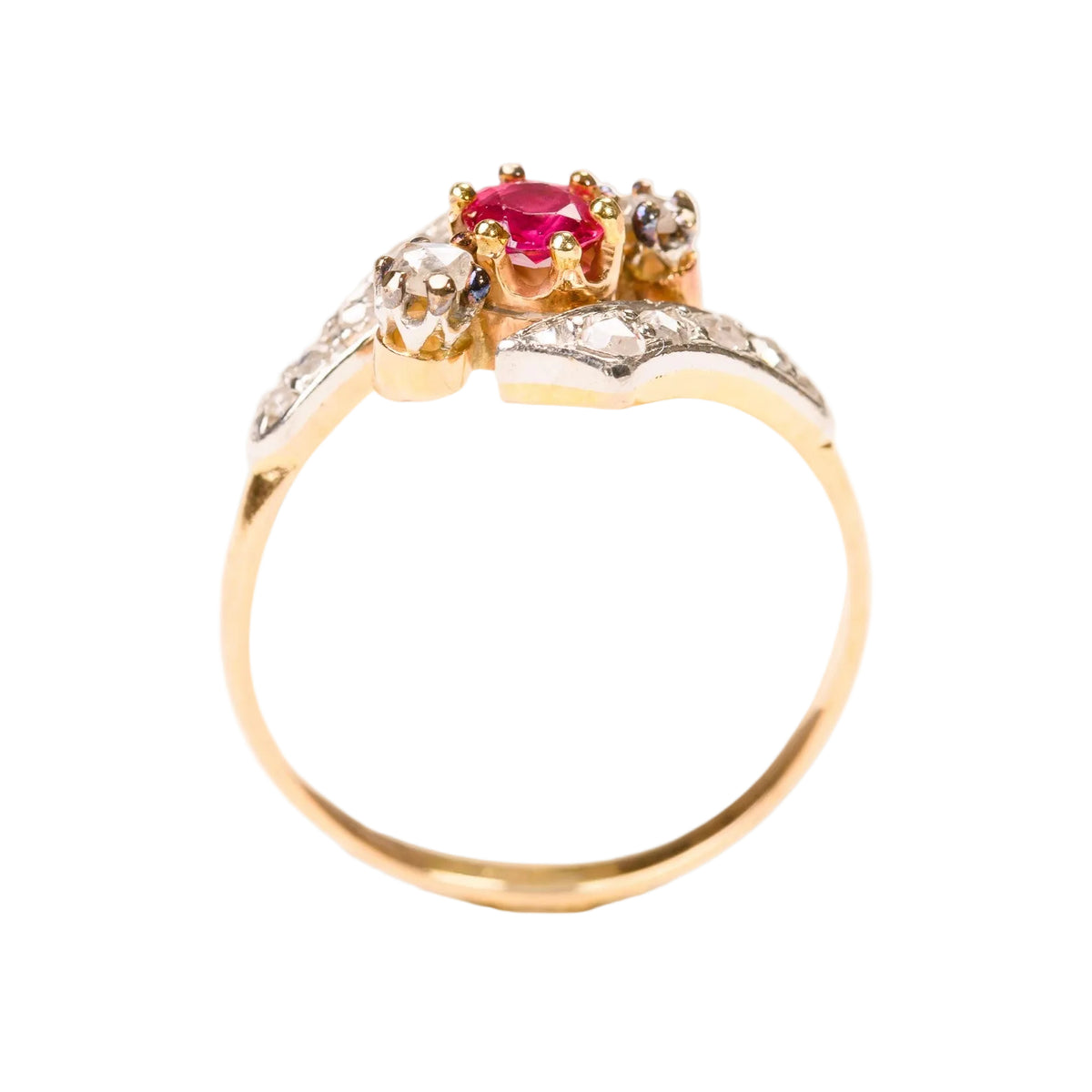 Trilogy Ring in yellow gold, Platinum, Rubies, and Diamonds