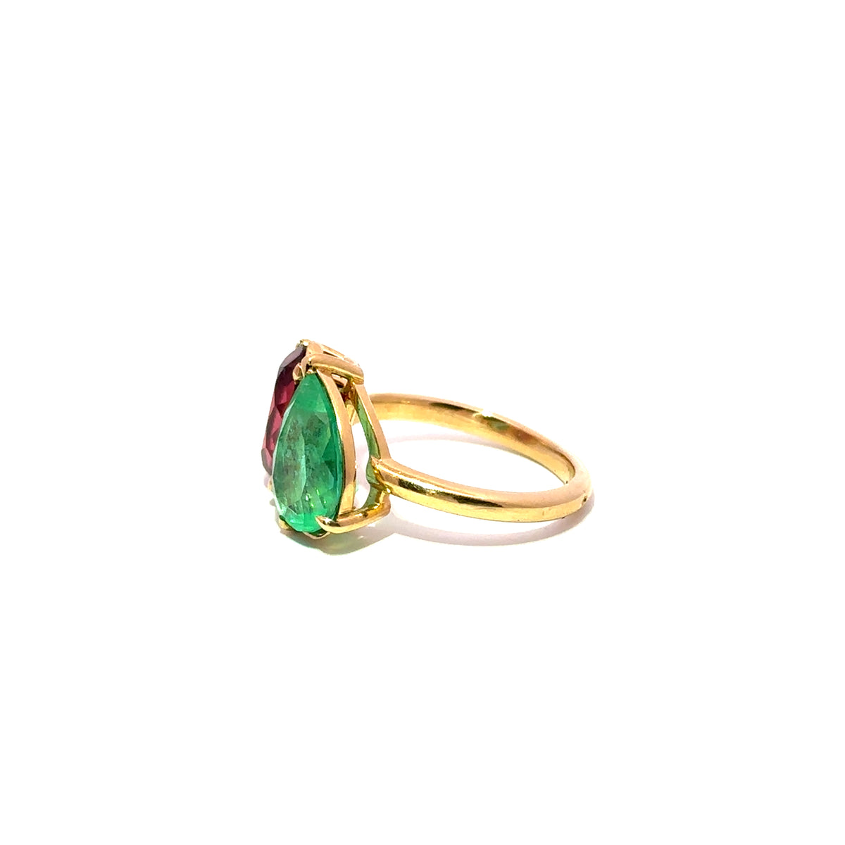 Bague Toi & Moi en or jaune, émeraude et grenat