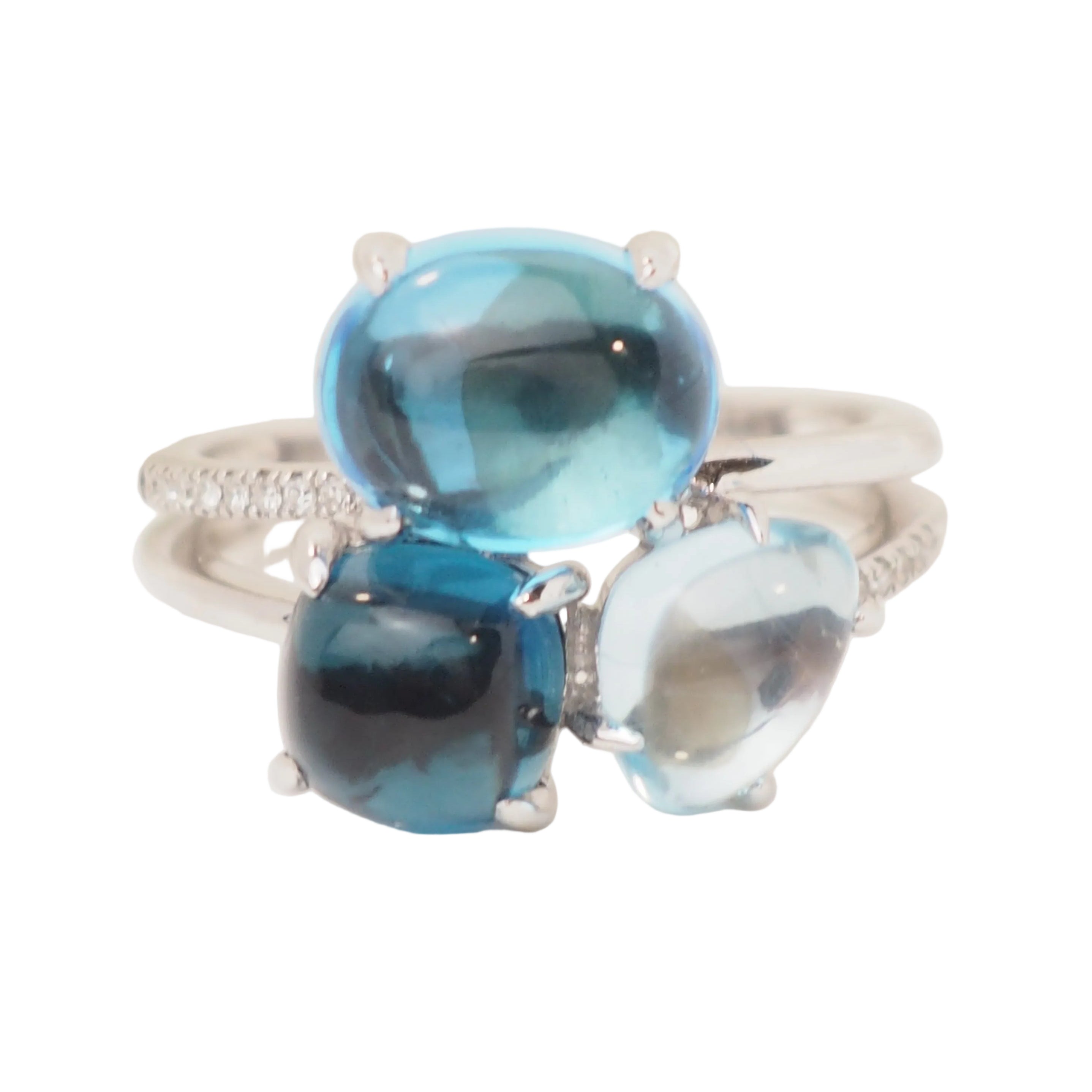 Bague Trilogie en or blanc, aigue-marine, topazes et diamants