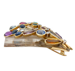 Brooch Pin in white gold, yellow gold, rock crystal, emeralds, sapphires, aquamarines, citrines, amethysts and tourmalines
