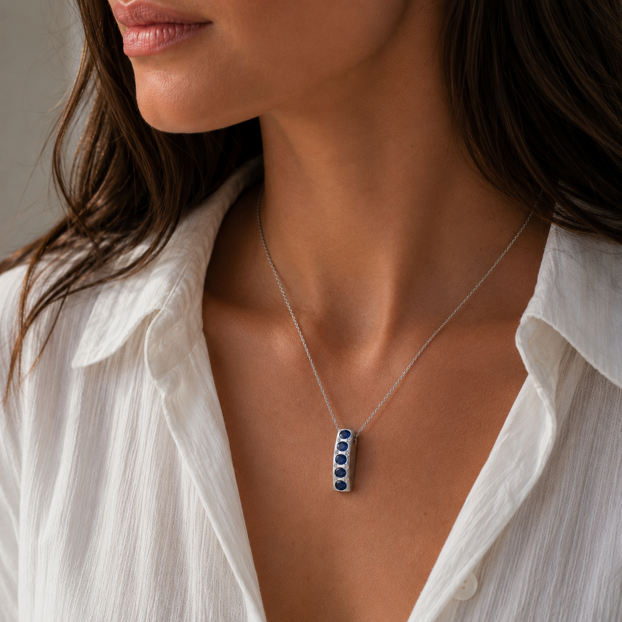 White Gold Necklace with Sapphire and Diamond Pendant