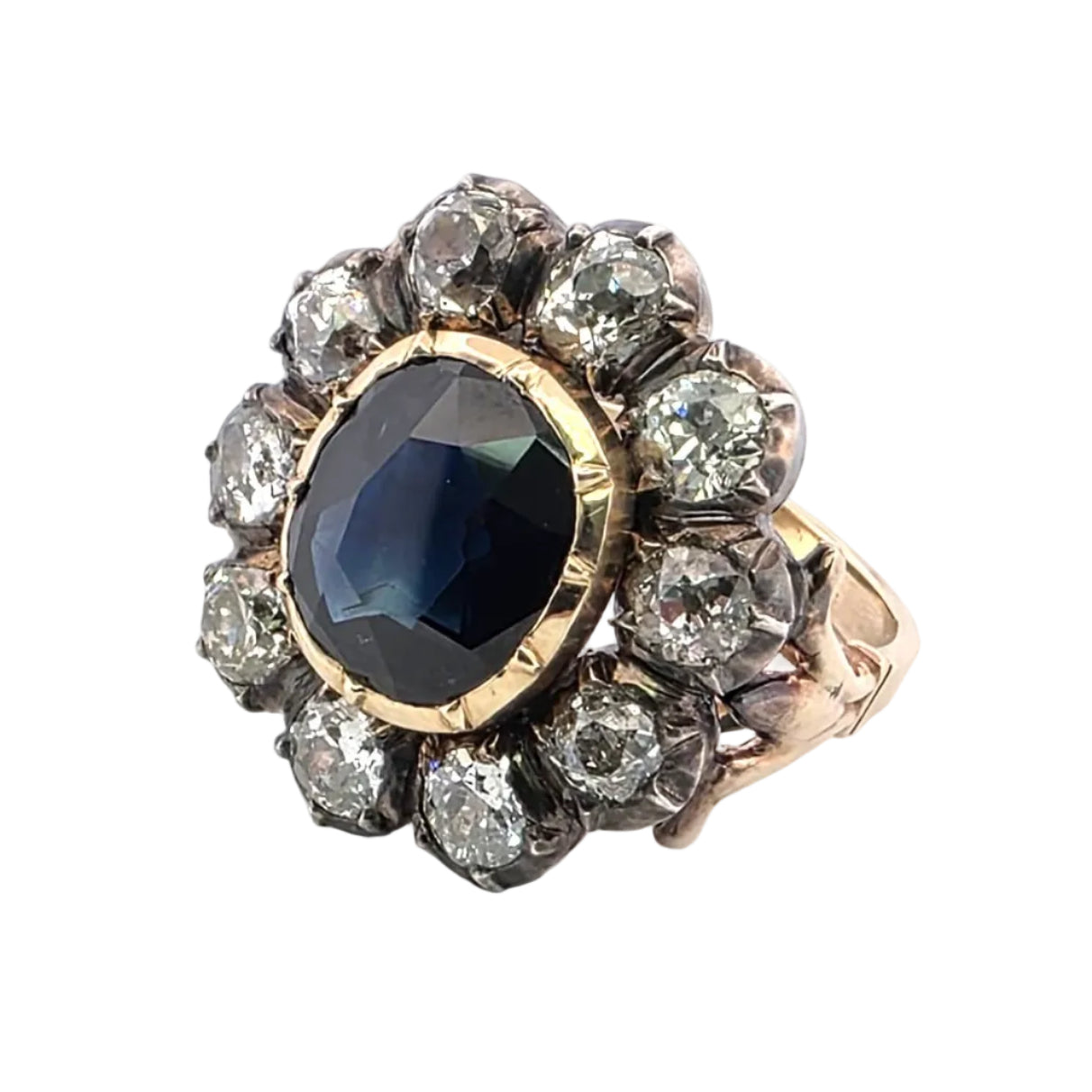 Marguerite Ring in yellow gold, silver, sapphire and diamonds