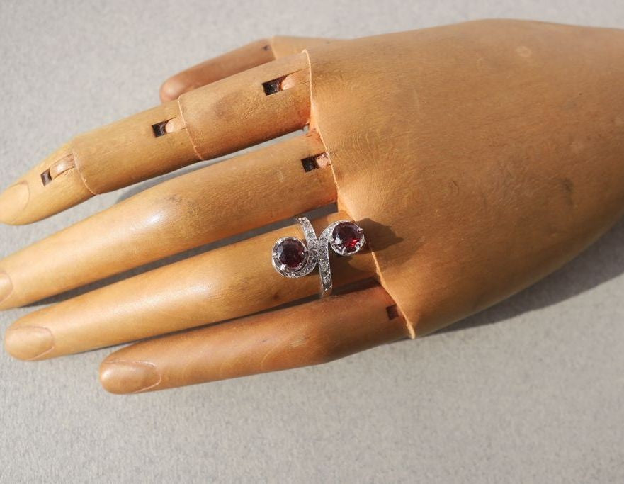 "Toi et Moi" Ring with 19th-Century Swirls, Garnets, Diamonds, and Platinum