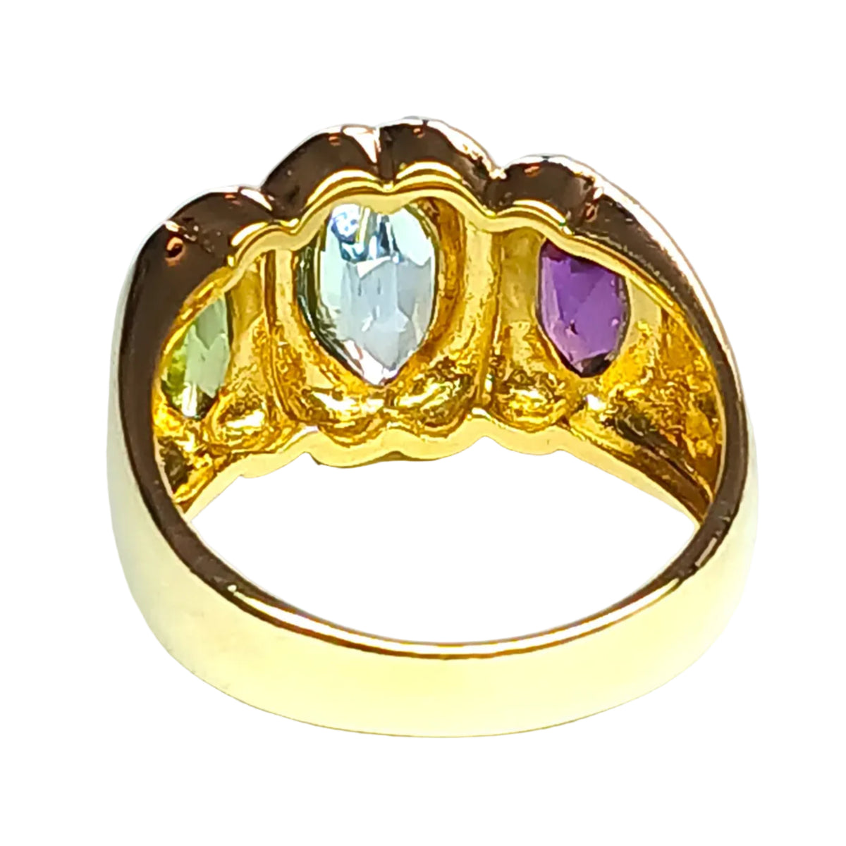 Trilogy Ring in yellow gold, with aquamarine, Peridot, and Amethyst