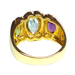 Trilogy Ring in yellow gold, with aquamarine, Peridot, and Amethyst