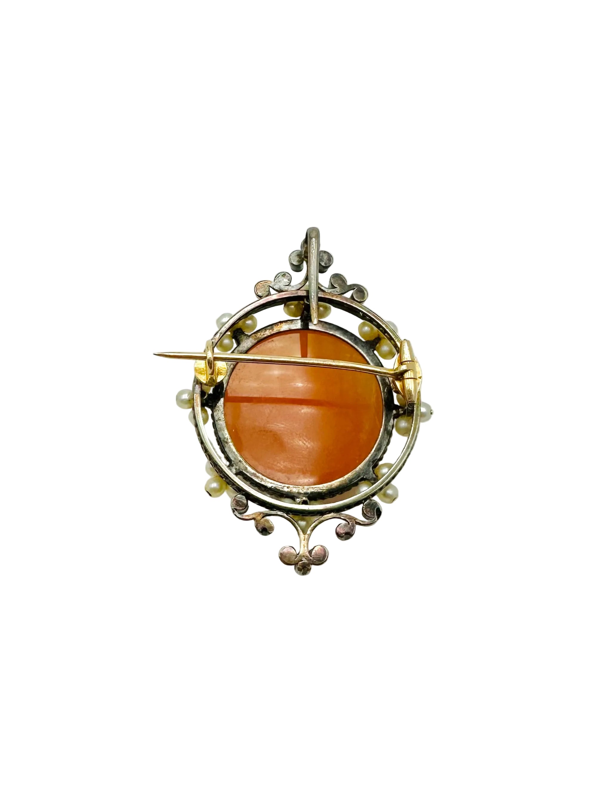 Brooch/Pendant Cameo in Agate, Pearls, Diamonds and Yellow gold