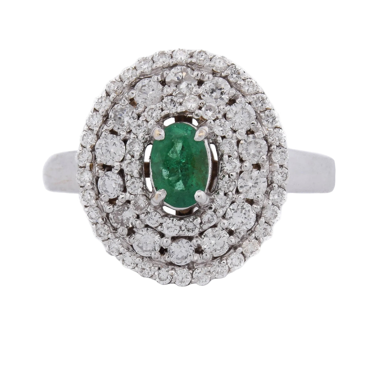 "Entourage" Ring in White Gold, Emerald, and Diamonds
