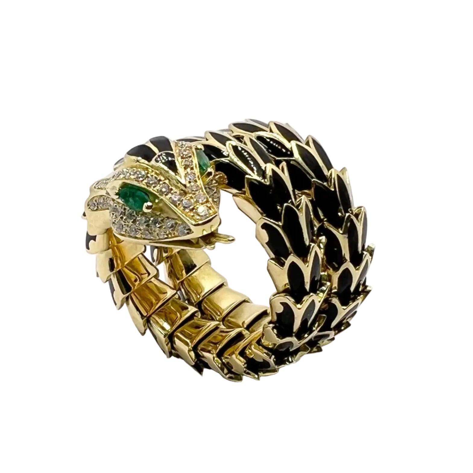 Ring in yellow gold, Enamel, emeralds, and Diamonds