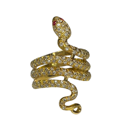 18K Gold Snake Ring with Diamonds (Size 55)