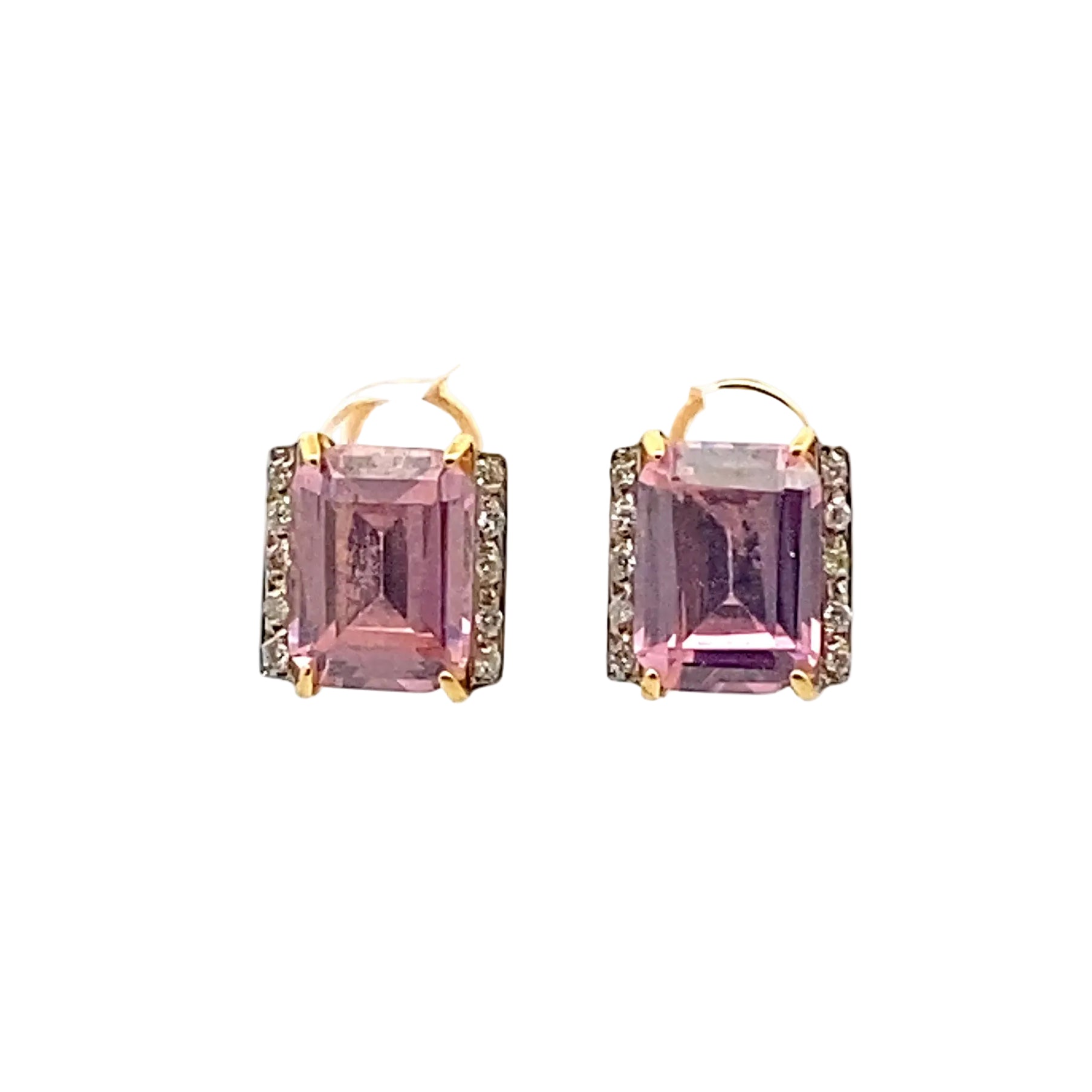 Yellow Gold Clip-On Earrings with Pink Stone and Diamonds
